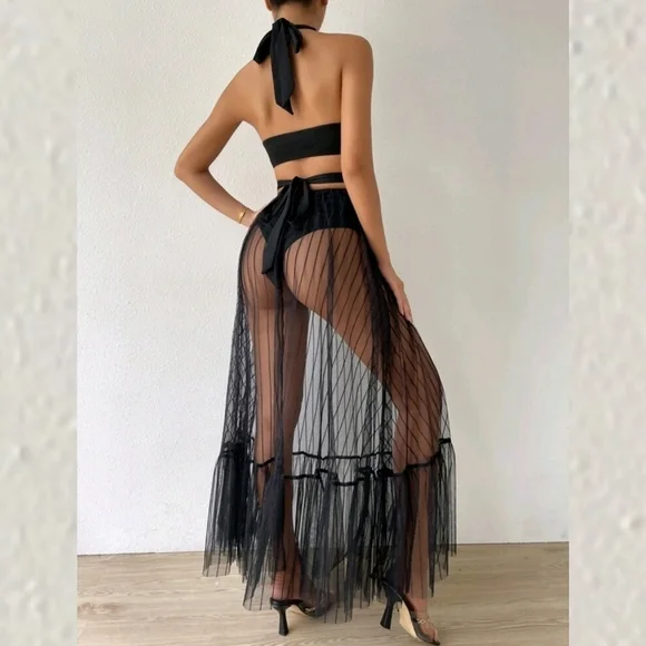 TIE BACKLESS MESH OVERLAY RUFFLE HEM HALTER DRESS WITH BODY SUIT - Picture 6 of 10